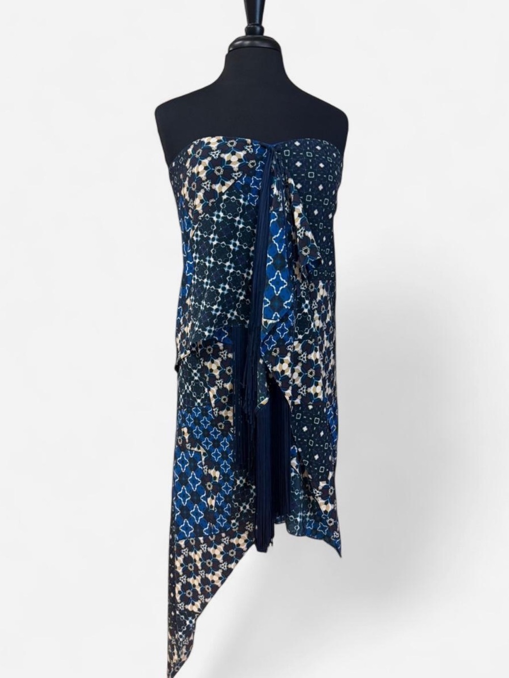 BCBGMaxAzria Navy and Ivory Strapless Printed Asymmetrical Dress